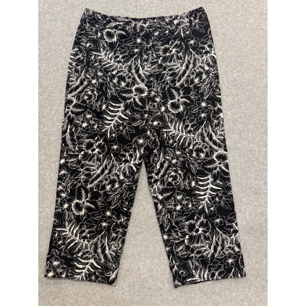 Rafaella Womens Black White Floral Capri Pants Cropped Cuffed Stretch Size 14‎